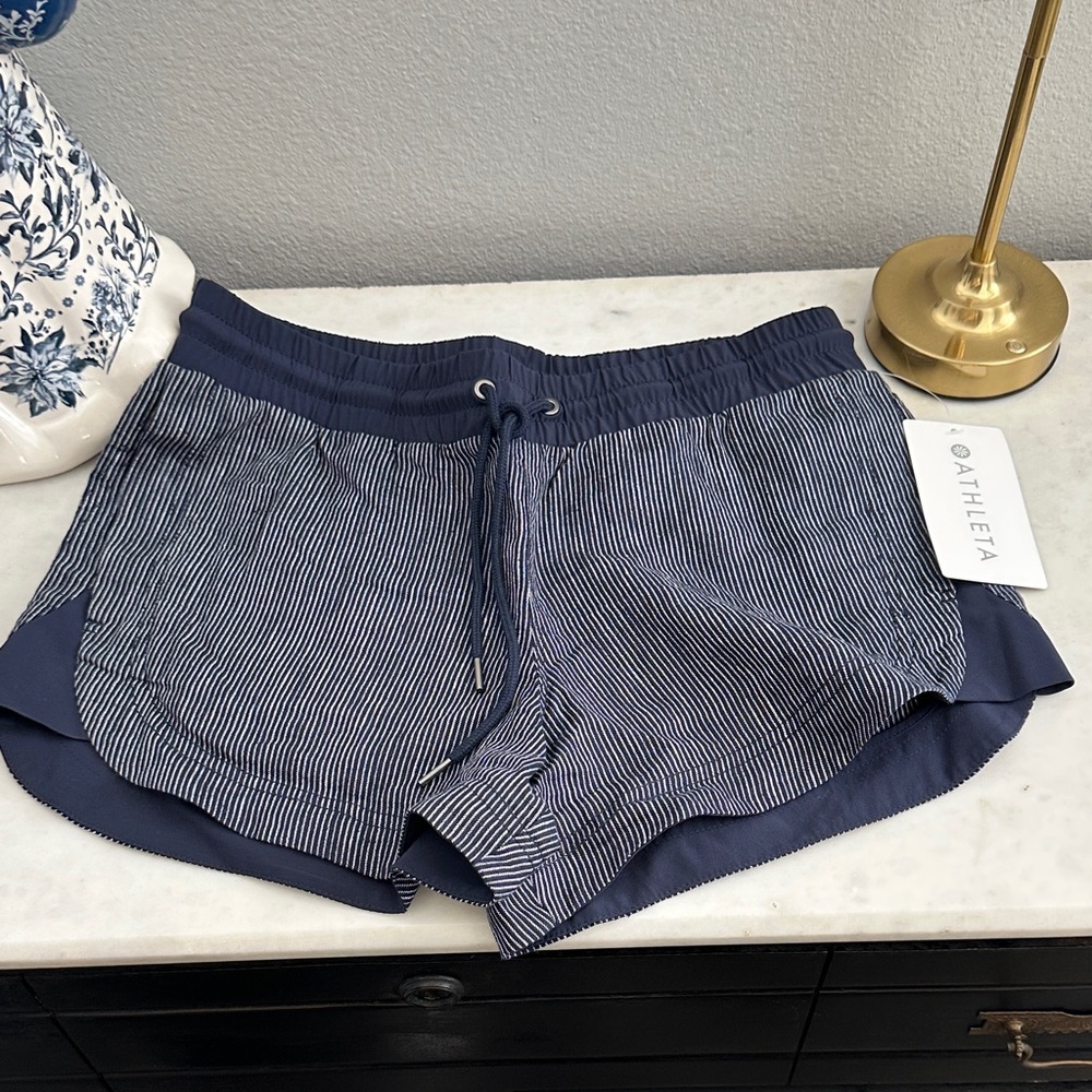 Athleta Blue and White Striped Beachside Bali Linen Shorts